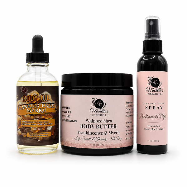 Body care gift set with body oil, whipped shea butter, and air spray—Frankincense & Myrrh