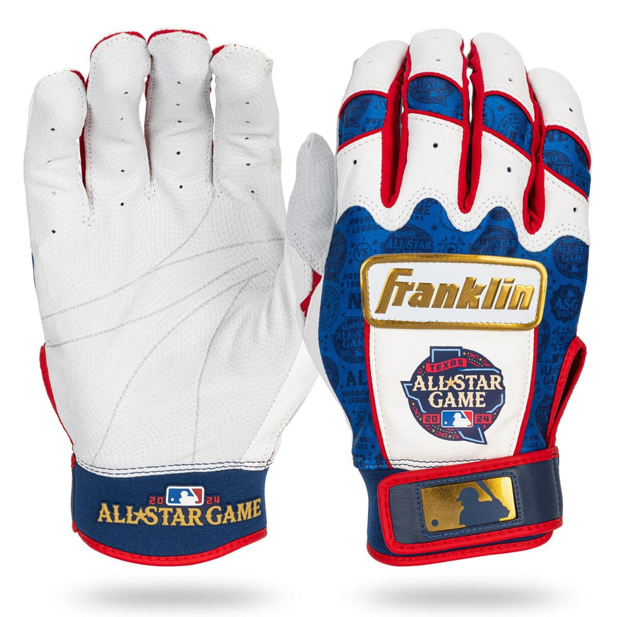 Adult batting gloves, white with red trim and blue All-Star logos