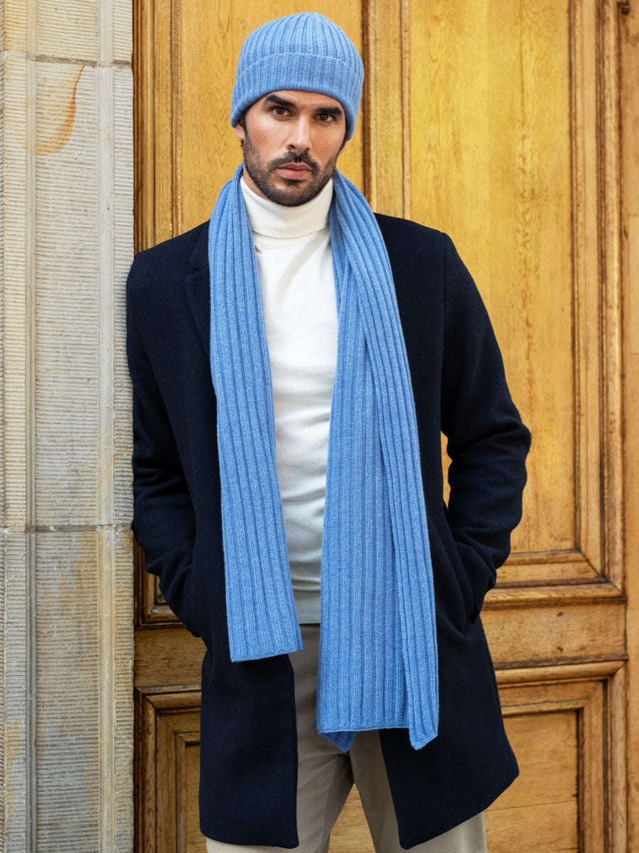 Light blue ribbed cashmere knit beanie and matching scarf, unisex