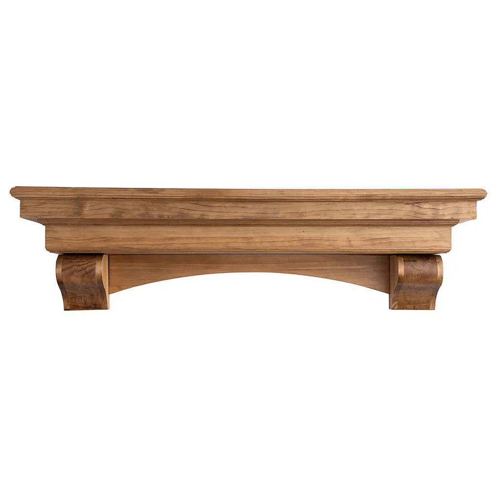 Real wood fireplace mantel shelf with corbel brackets, warm light brown stain