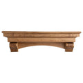 Real wood fireplace mantel shelf with corbel brackets, warm light brown stain