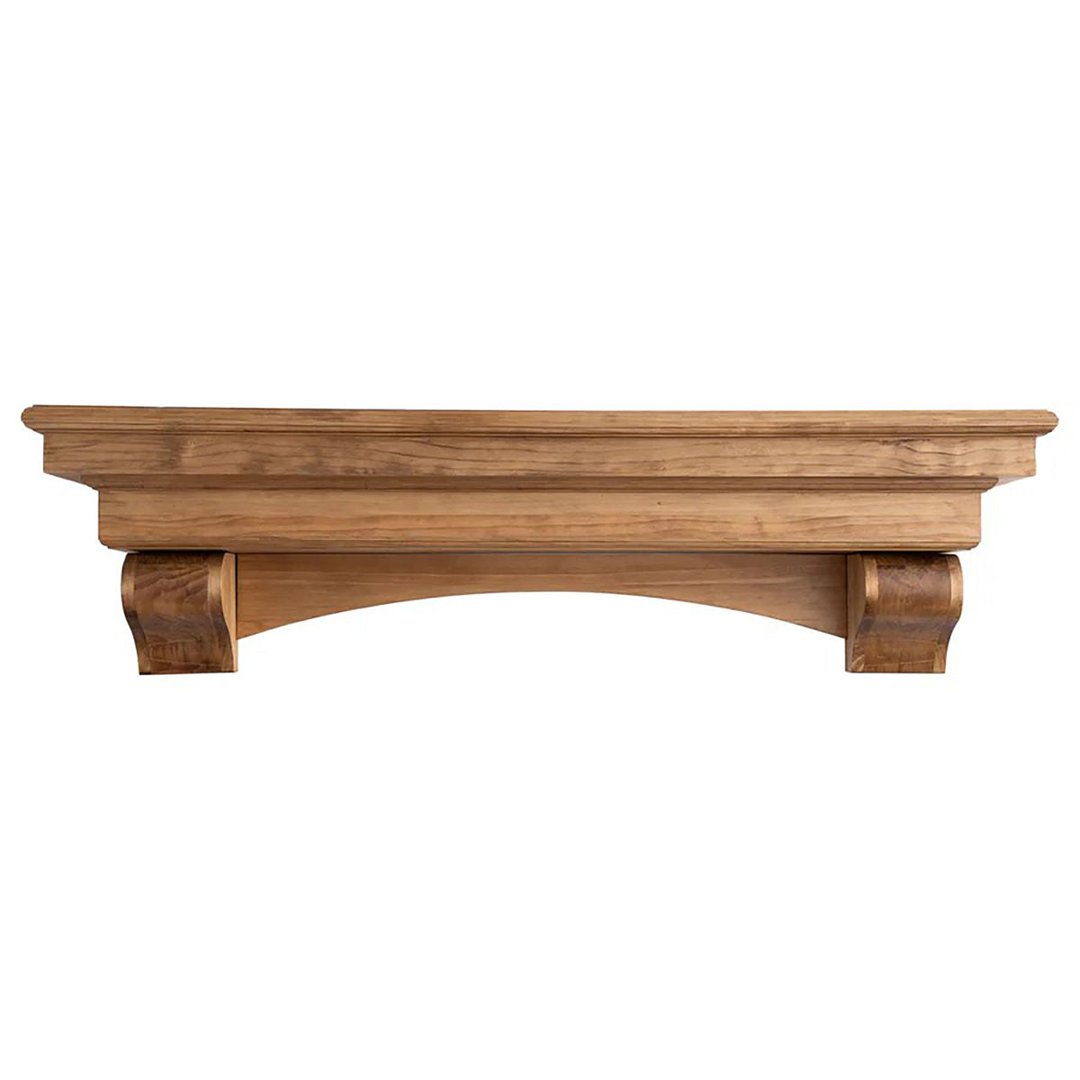 Real wood fireplace mantel shelf with corbel brackets, warm light brown stain