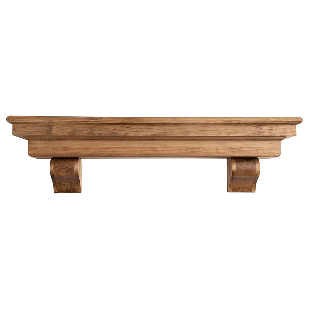 Real wood fireplace mantel shelf with corbel brackets, medium warm wood tone
