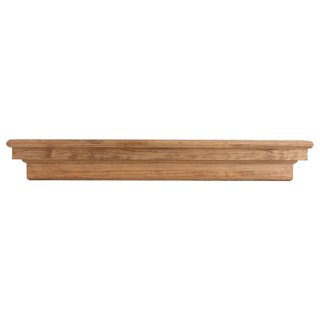 Real wood fireplace mantel shelf with corbel brackets, light tan wood stain