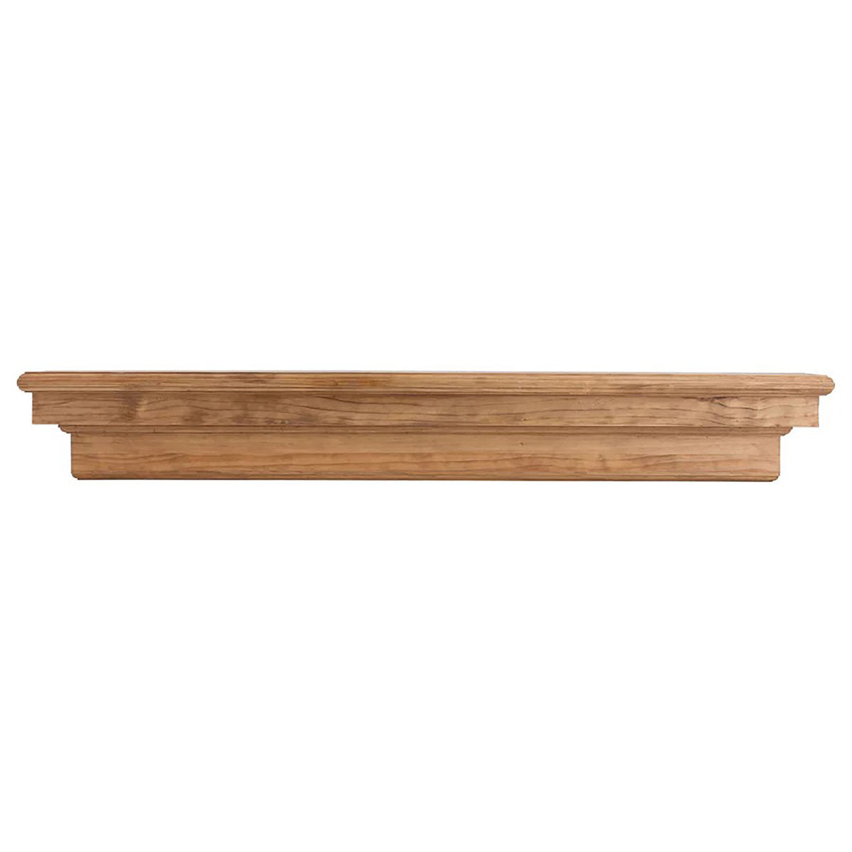 Real wood fireplace mantel shelf with corbel brackets, light tan wood stain