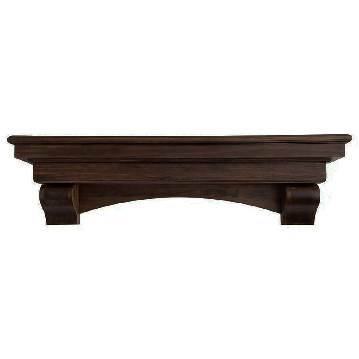 Real wood fireplace mantel shelf with corbel brackets, dark brown finish