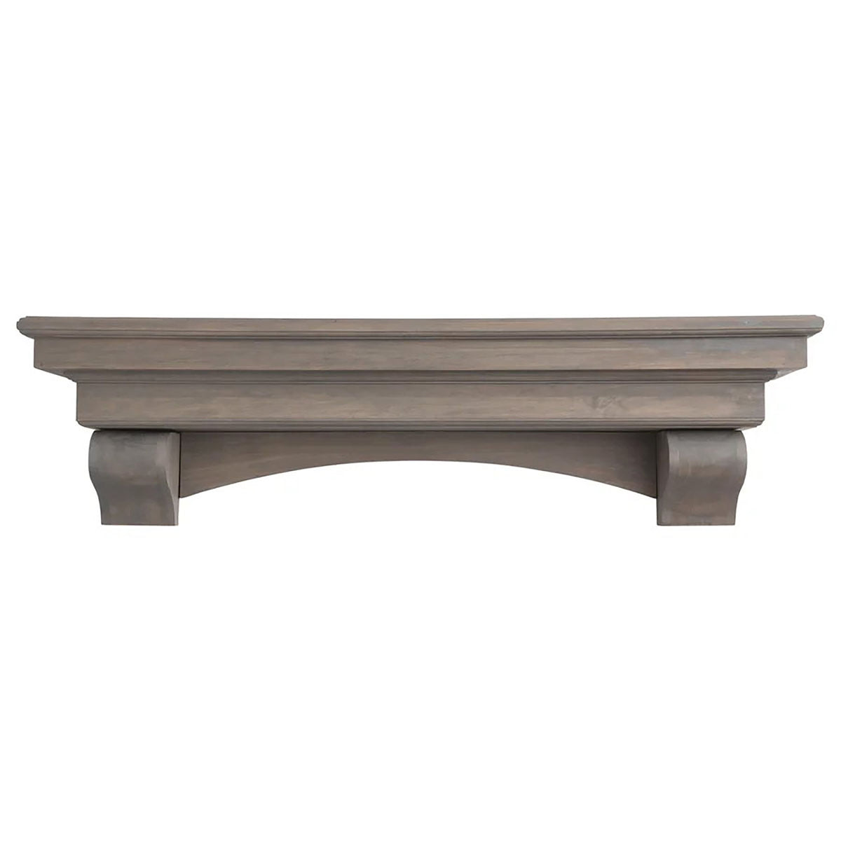 Real wood fireplace mantel shelf with corbel brackets, ash gray finish