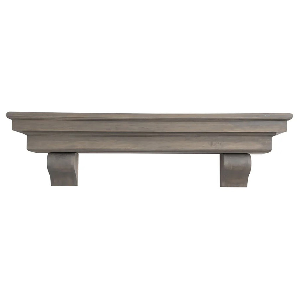 French-style real wood fireplace mantel shelf with corbel ends, dark stained finish.