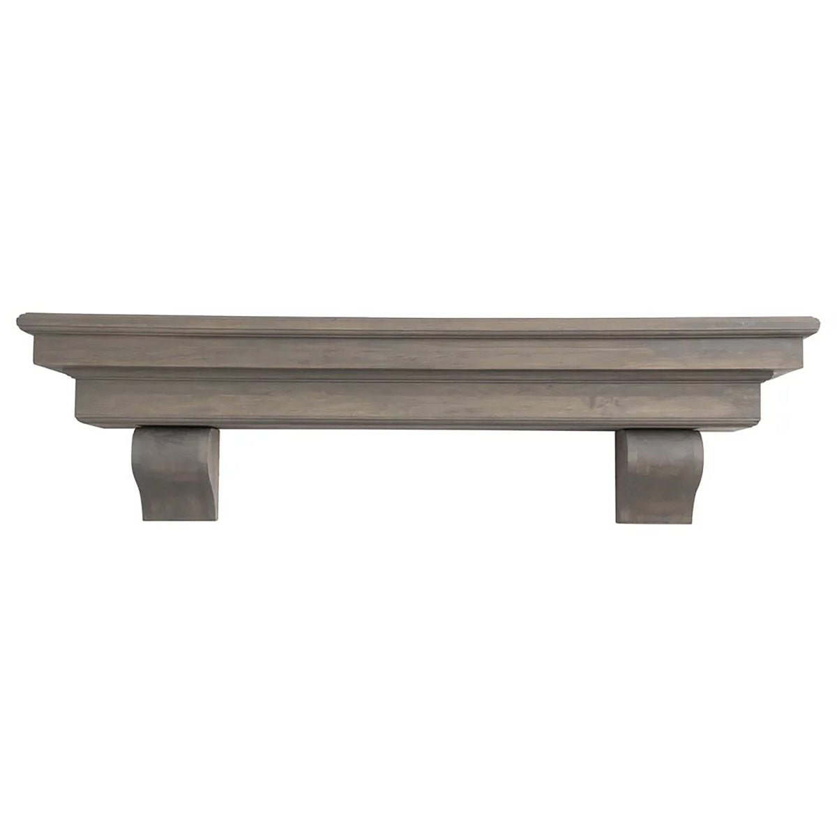 French-style real wood fireplace mantel shelf with corbel ends, dark stained finish.