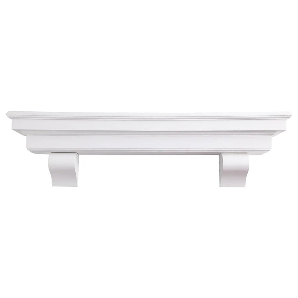White French-style real wood fireplace mantel shelf with stepped trim and corbel ends.