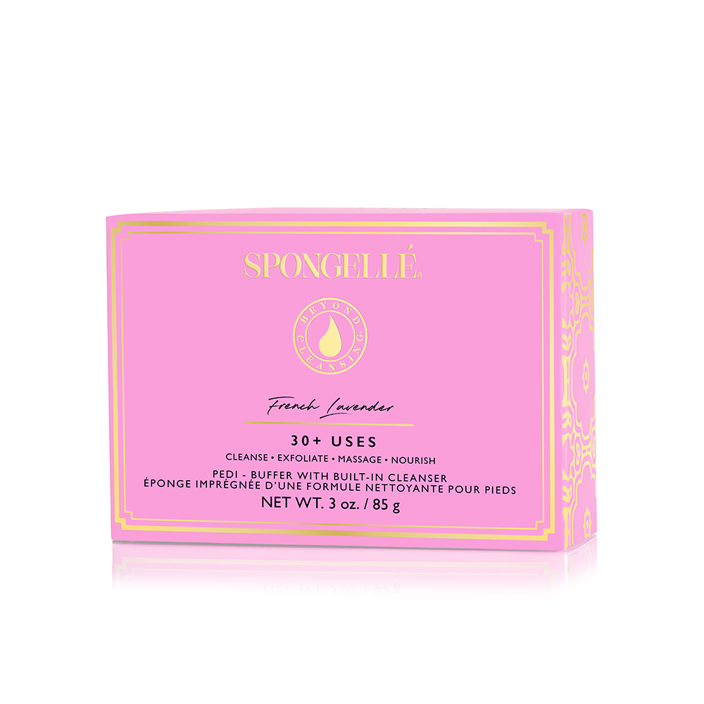 Pink rectangular buffer refill box with gold brand logo and French lavender text