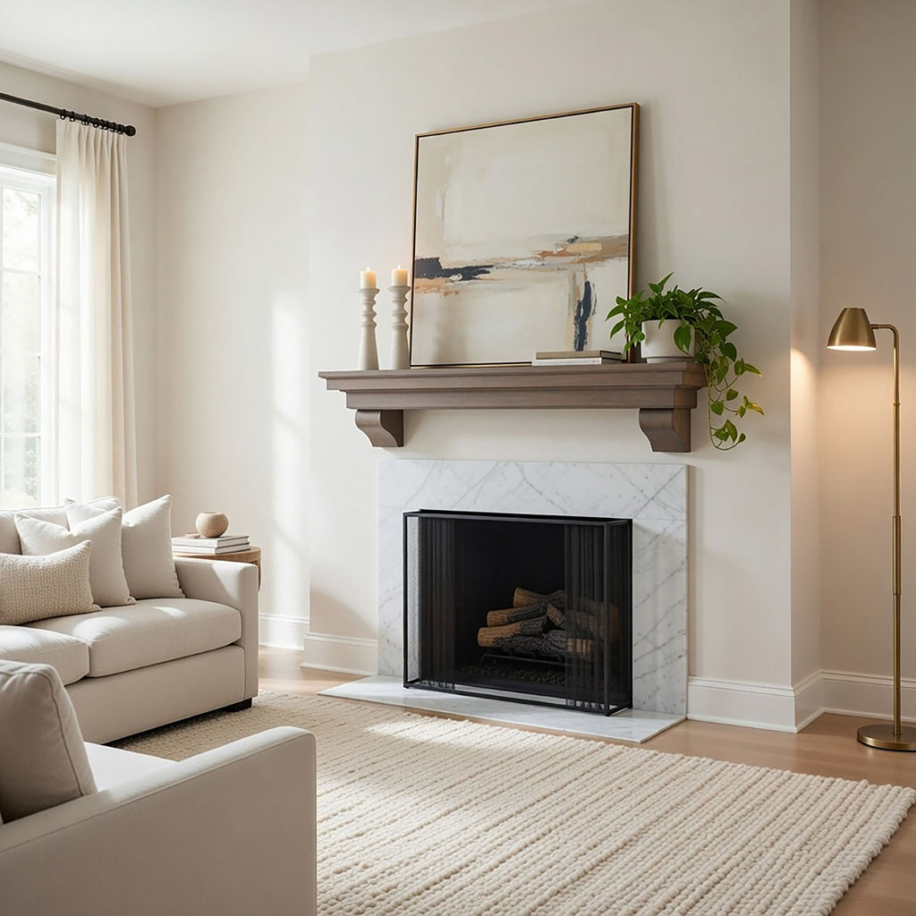 White fireplace mantel shelf with corbel brackets over a dark firebox opening