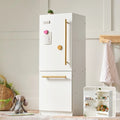 White wooden play kitchen refrigerator cabinet with golden handle and side door panel