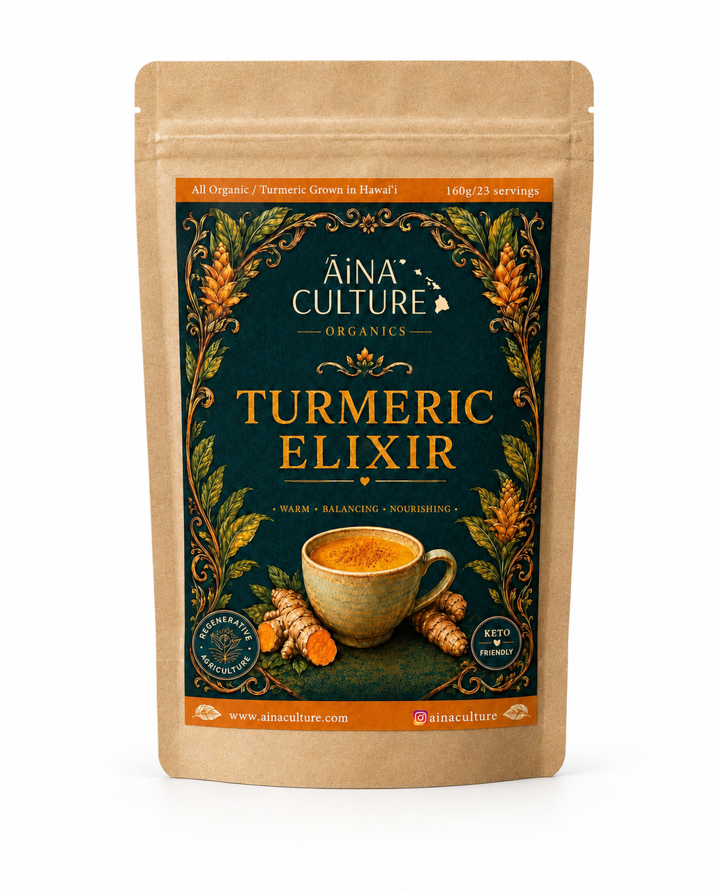 Turmeric elixir pouch with ornate front label and 23 servings