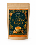 Turmeric elixir pouch with ornate front label and 23 servings