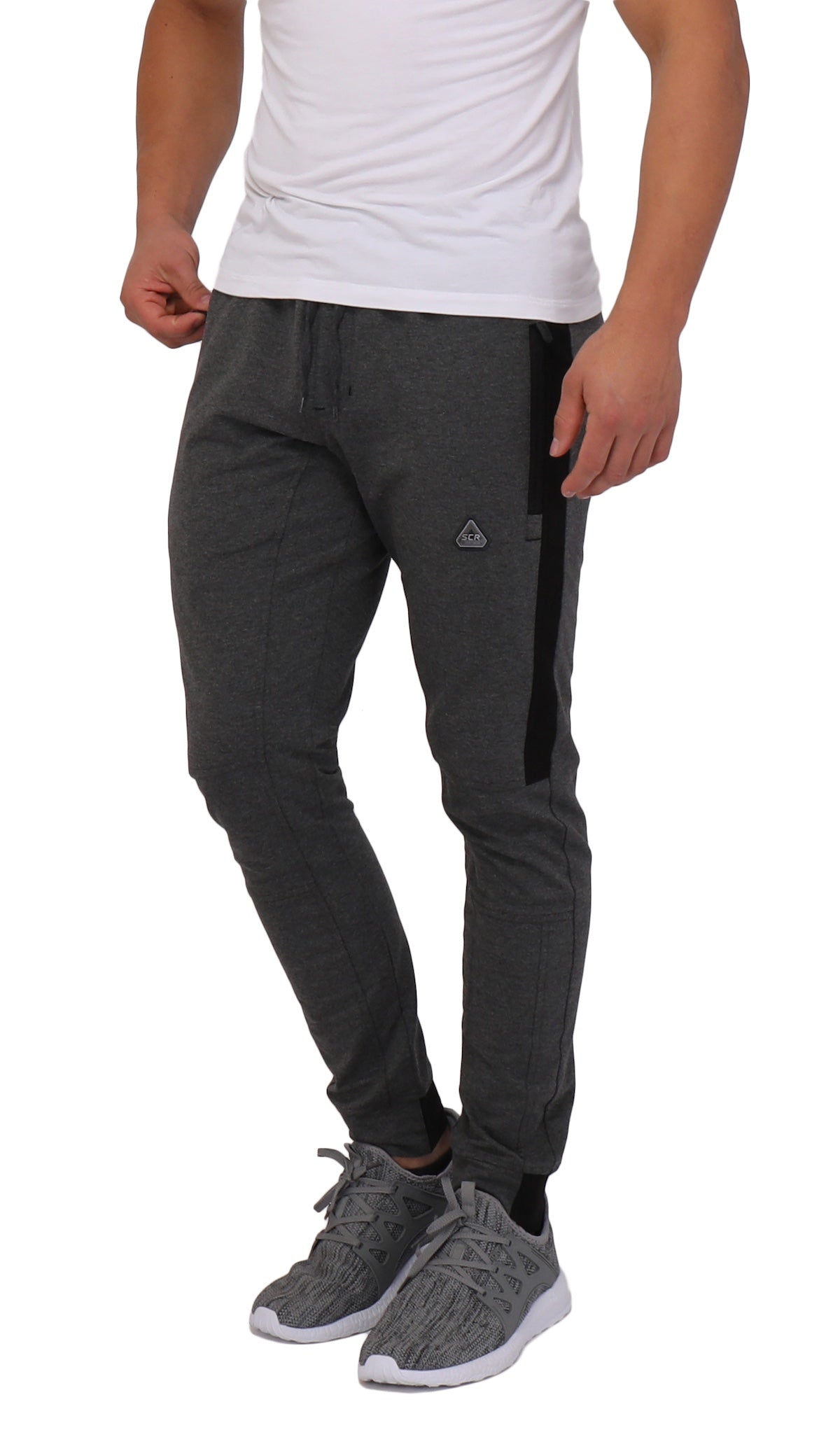Tall jogger pants in dark heather grey with side stripe and elastic waist
