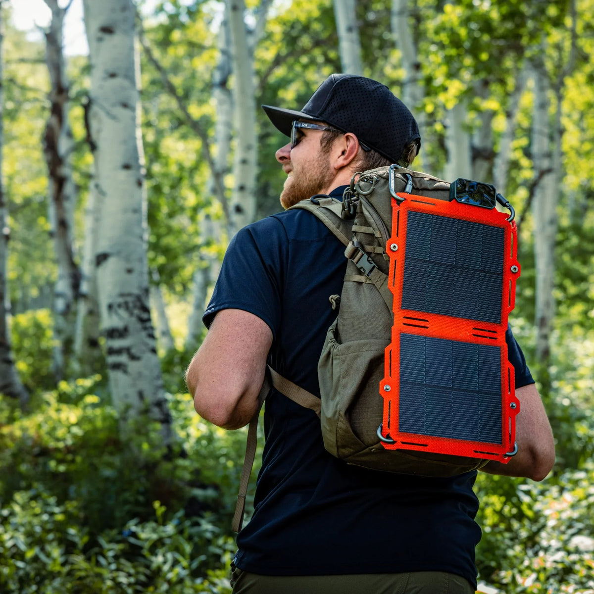 8W solar panel in an orange rugged case strapped to a backpack