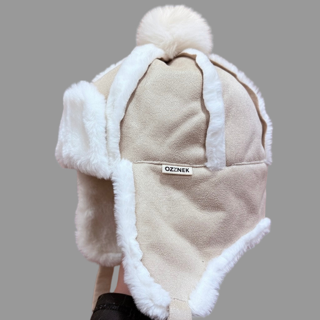 Kids sherpa aviator winter hat with ear flaps, beige/tan front panel with white fuzzy edging