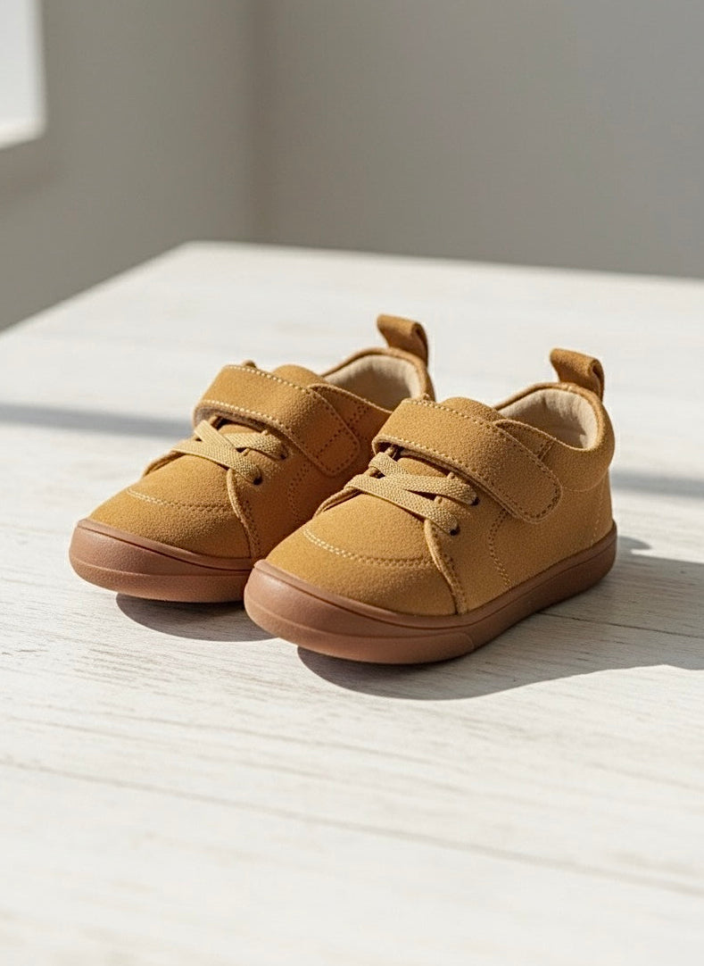 Kids' tan barefoot sneakers with strap and laces, side view