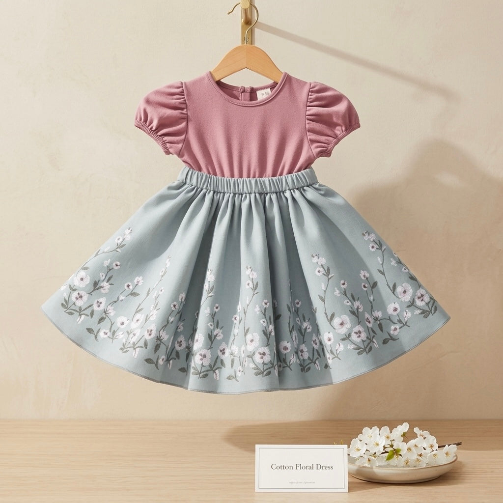 Girls floral cotton dress on hanger, mauve bodice with puff sleeves and blue skirt