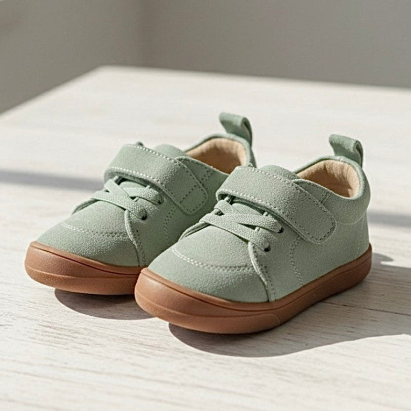 Kids mint-green lace-up barefoot sneakers with padded collar and brown outsole