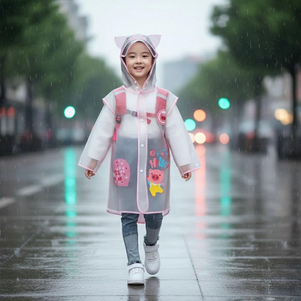 Kids pink transparent hooded raincoat with visor and front snap closure