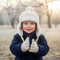 Kids sherpa aviator winter hat with ear flaps, white fleece hood with tan/yellow accents