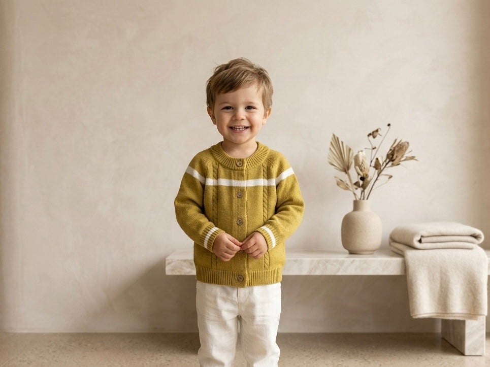 Kids wool cardigan in mustard yellow with white horizontal stripe and wooden-style buttons
