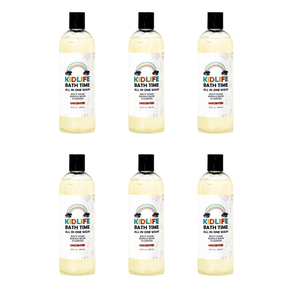 Set of six Kidlife Bath Time bottles, unscented, front labels facing camera