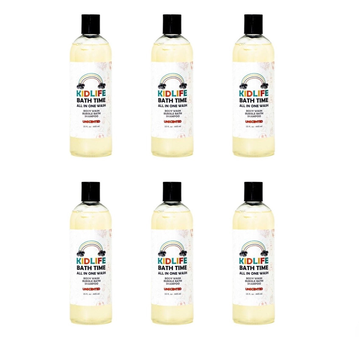 Set of six Kidlife Bath Time bottles, unscented, front labels facing camera