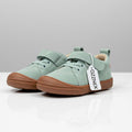 Kids mint-green lace-up barefoot sneakers with flexible sole and brown rubber toe