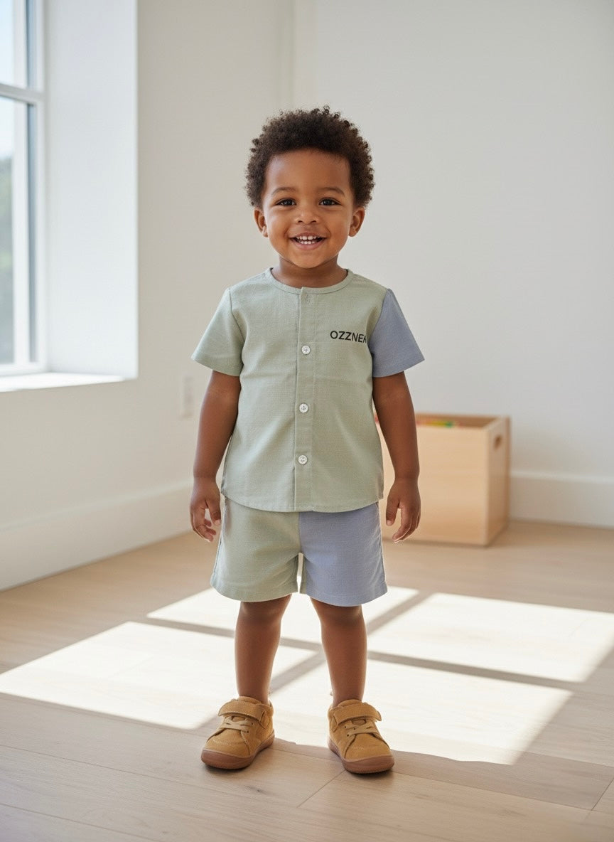 Kids' tan barefoot sneakers on a smiling child