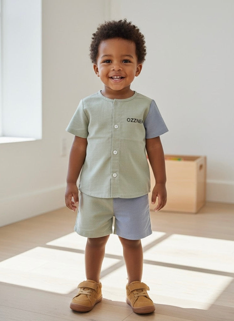 Kids' tan barefoot sneakers on a standing child