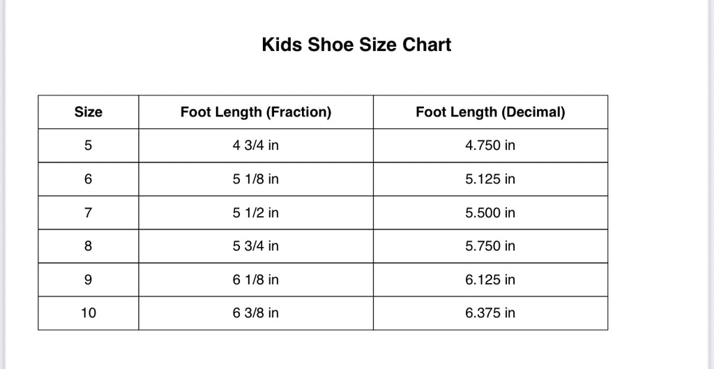 Kids shoe size chart table with foot length fractions and decimal inches