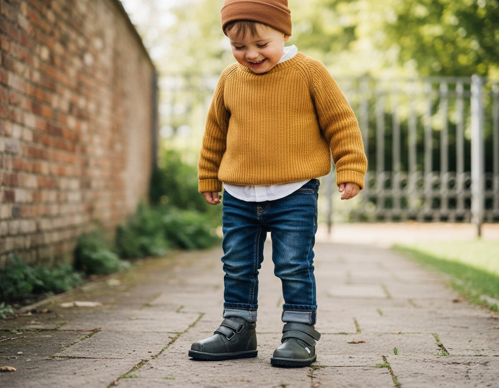 Toddler barefoot sneakers, dark green, worn with jeans on a paved path.