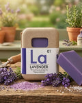 Lavender organic soap bar in kraft box with purple label and wrapped soap piece