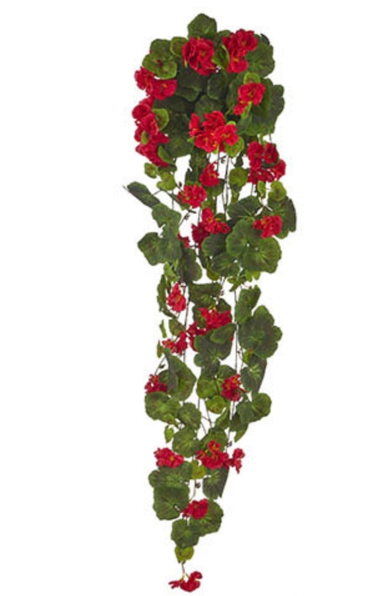 Hanging faux geranium bush with red flowers and green leaves on long stems