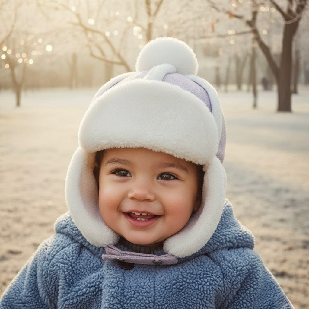 Kids sherpa aviator winter hat with ear flaps, white fleece hood with soft ear panels