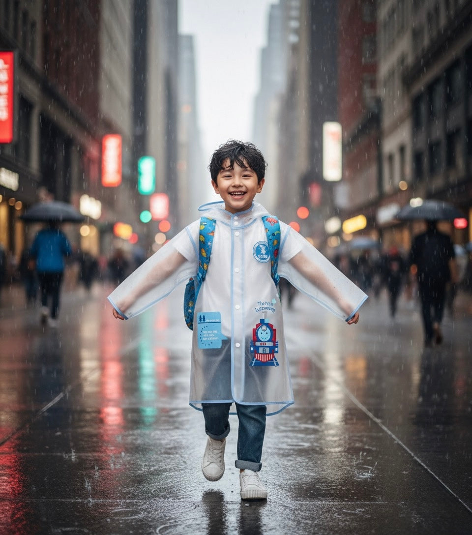 Kids clear hooded rain poncho with cartoon graphic, snap front, and long sleeves