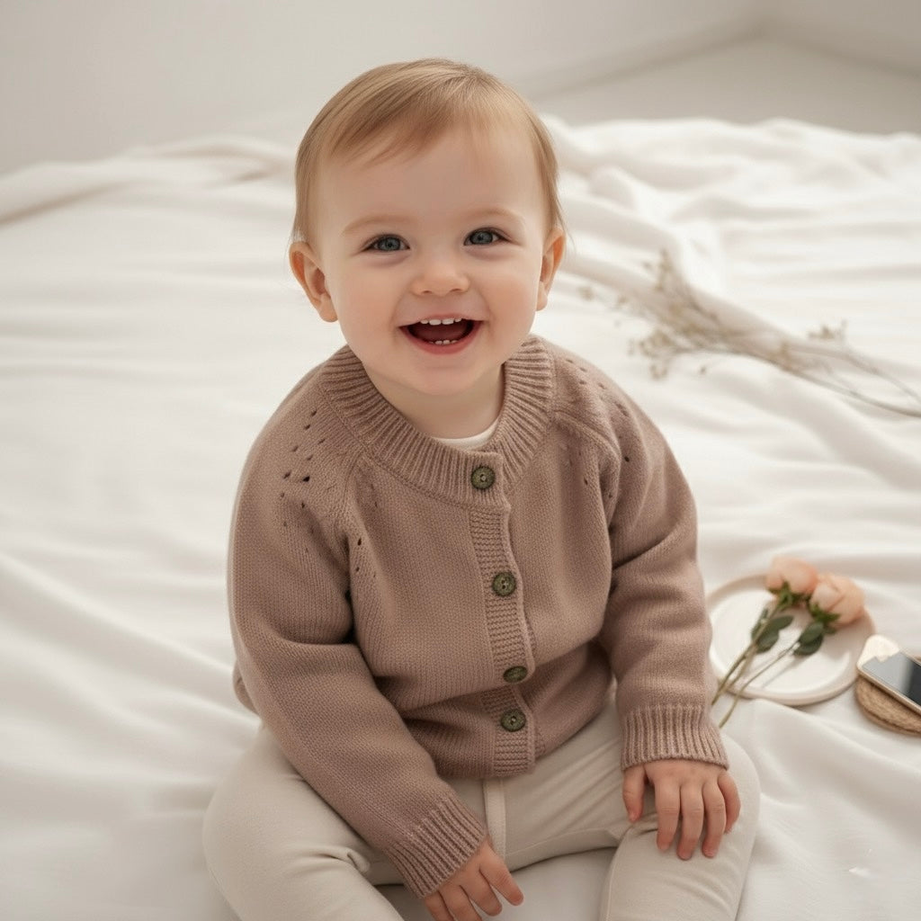 Kids' organic cotton cardigan in taupe brown, button-front knit with ribbed cuffs