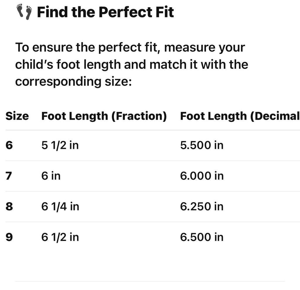 Size chart for kids sandals: sizes 6-9 with foot length in inches