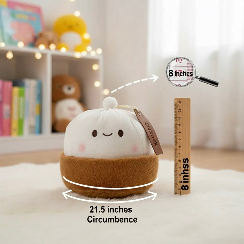 Soup dumpling plush toy, white and brown; height shown as 8 inches