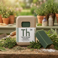 Organic wild thyme garden soap bar and boxed packaging, green bar.