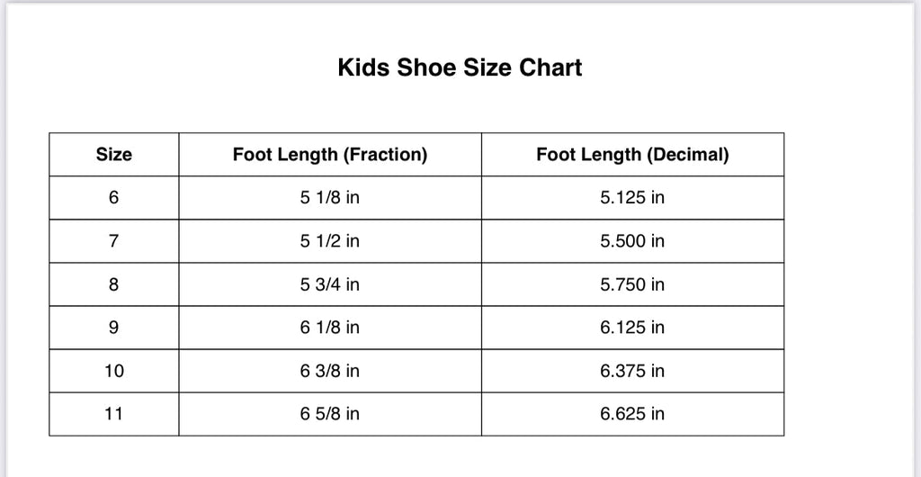 Kids shoe size chart for sizes 6–11 with foot length (in)