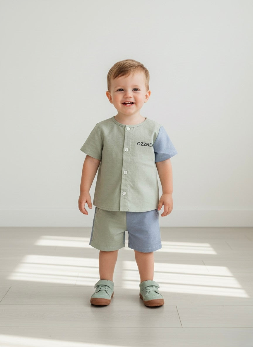 Child wearing mint-green barefoot sneakers with brown soles