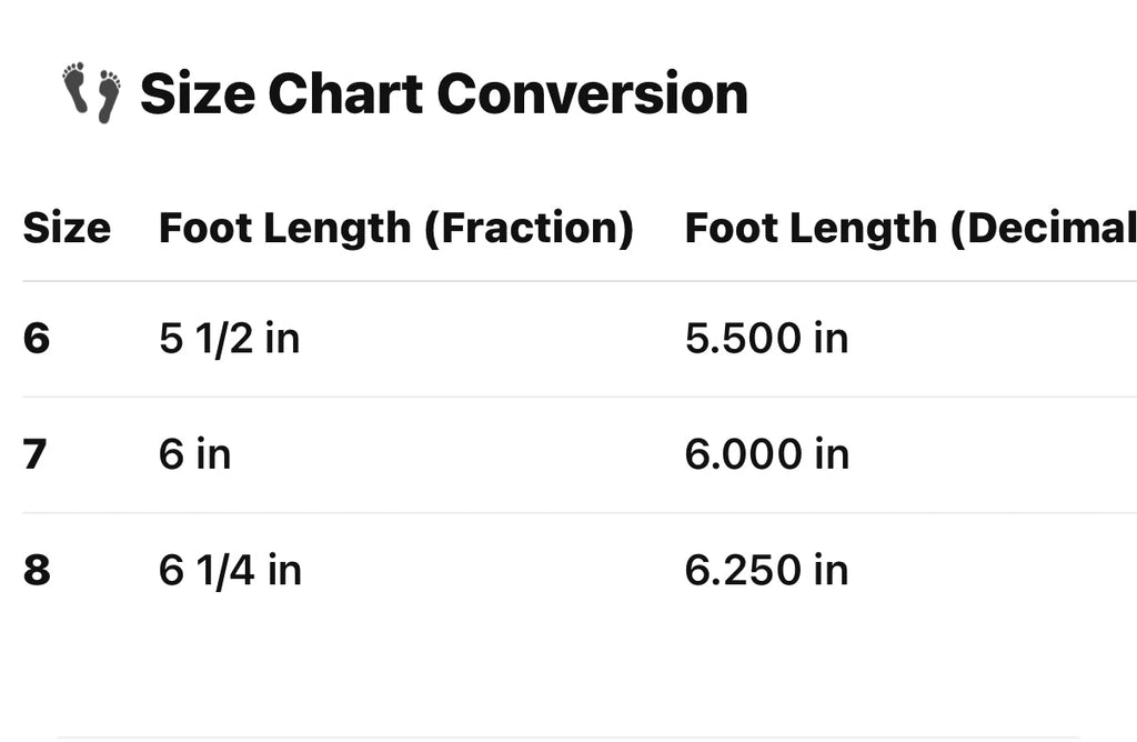 Toddler boot size chart conversion: sizes 6, 7, 8 with foot lengths