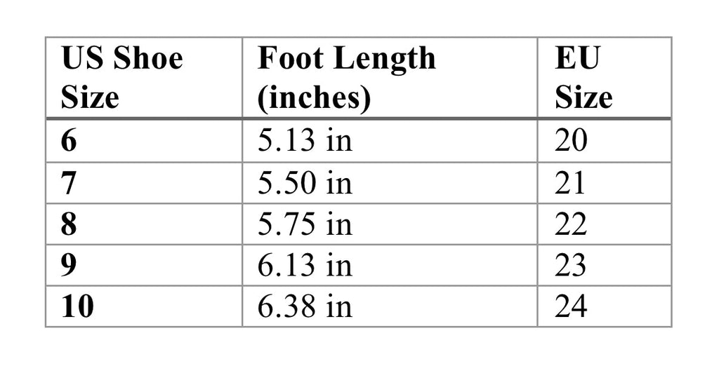 Size chart table: US sizes 6-10 with foot lengths (inches) and EU sizes