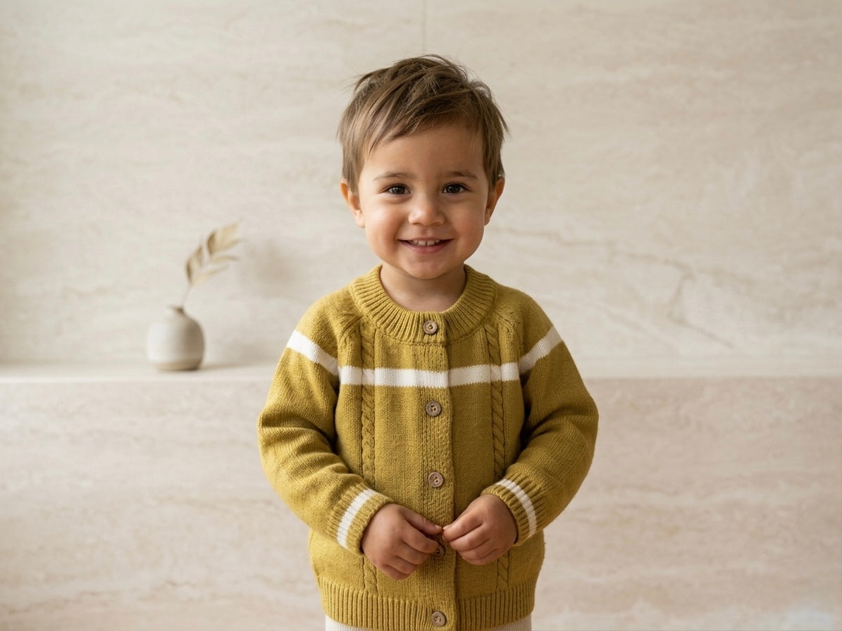 Kids wool cardigan in mustard yellow with wide white stripe and button-front placket