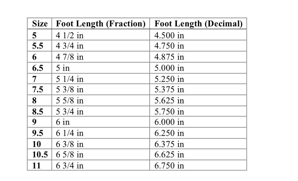 Kids shoe size chart table: foot length fractions and decimals for sizes 5–11