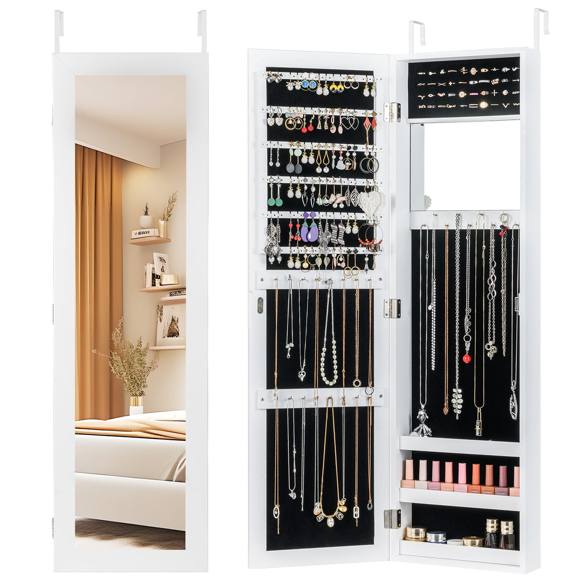 Full length mirror jewelry cabinet in white with open necklace hooks and interior storage